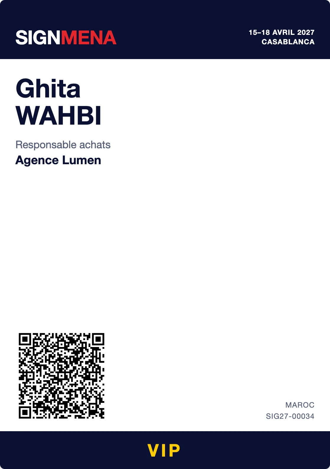Badge VIP SIGNMENA imprimé par badging.ma, avec QR code signé