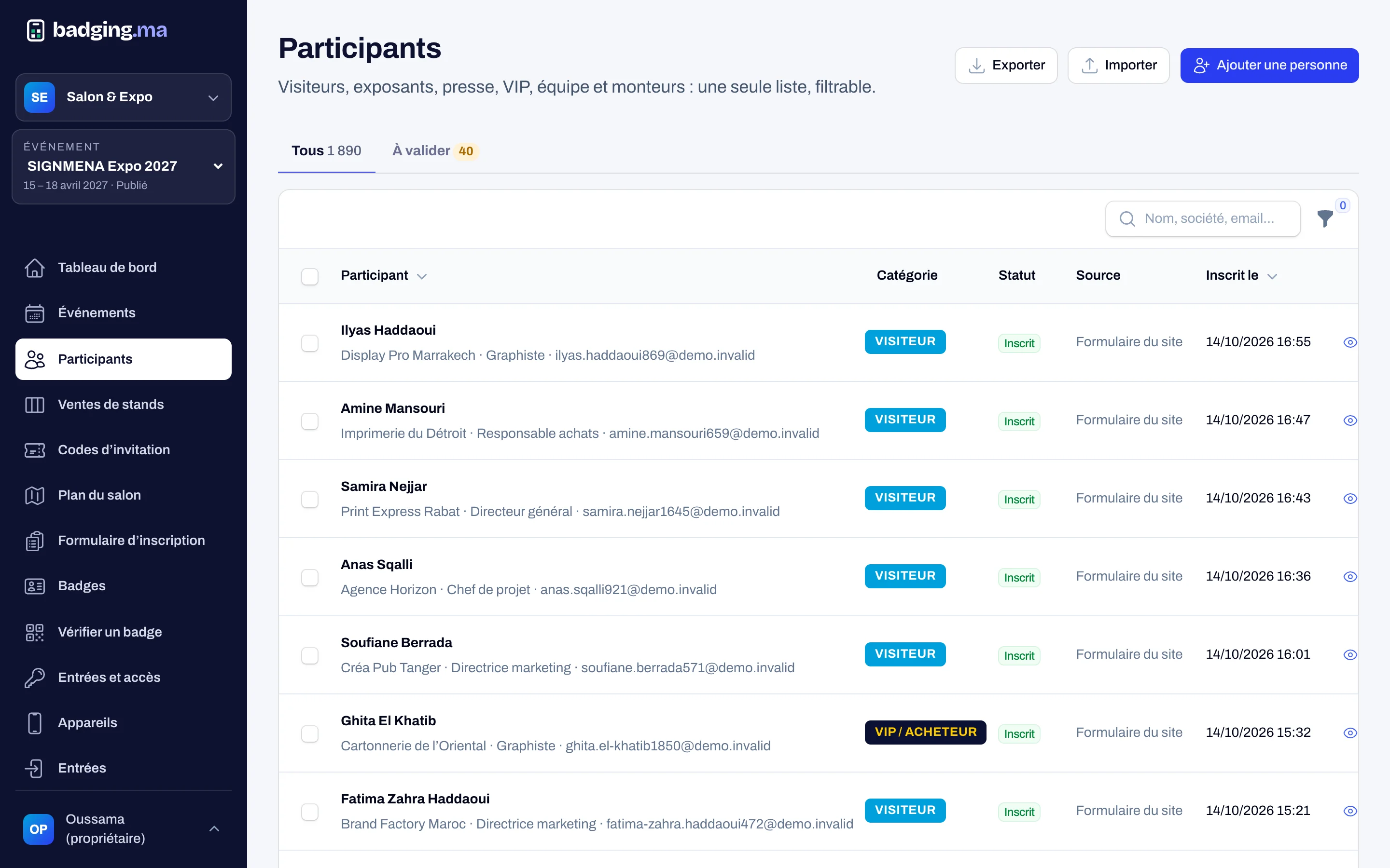 Liste des participants dans la console badging.ma : catégories, statuts et sources d’inscription