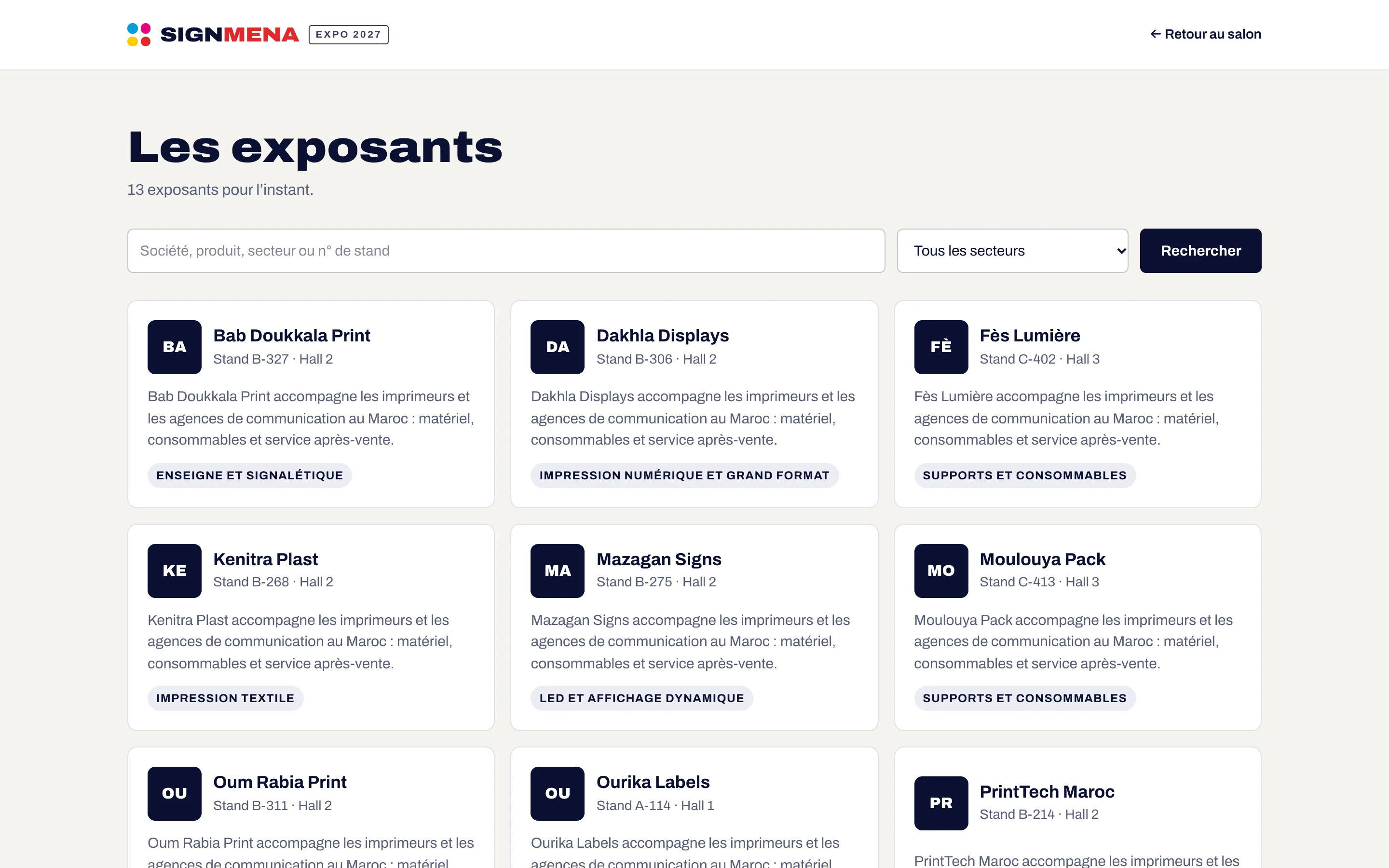 Annuaire des exposants sur le site du salon